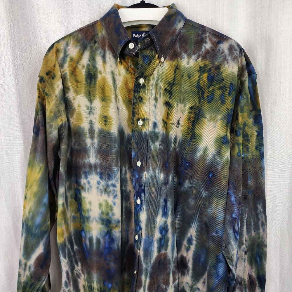 Oregon Rain tie dyed dress shirt | cobalt, bronze, green and brown | size Large